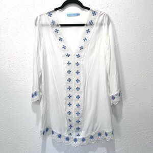 Solitaire White‎ and Blue Embellished 3/4 Sleeve coverup S